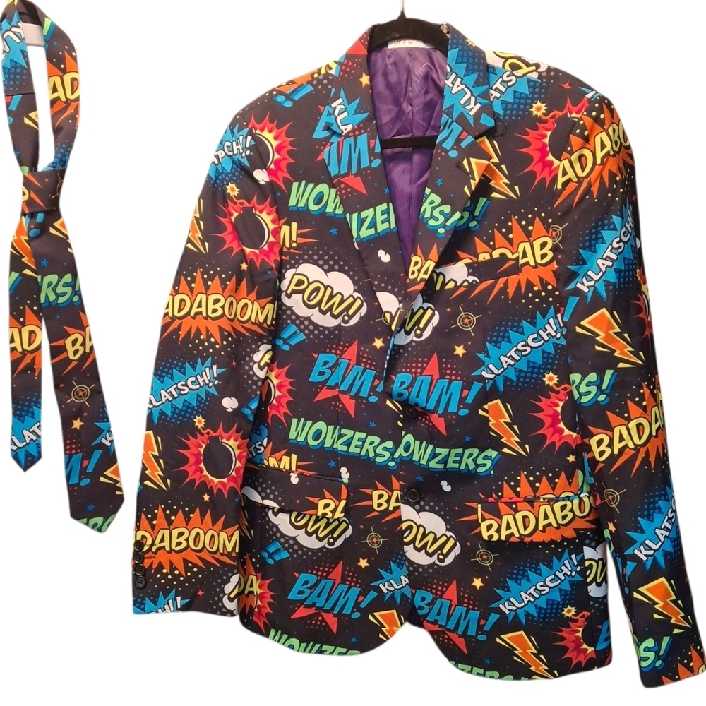 Opposuits Men Badaboom Graphic Blazer with Coordinating Necktie Adult Size 40
